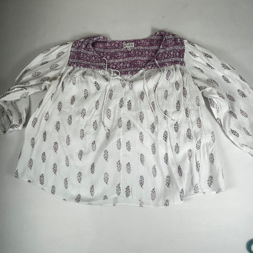 Wonderly White Purple Floral Smocked Peasant Blouse Top Plus Size 2X‎